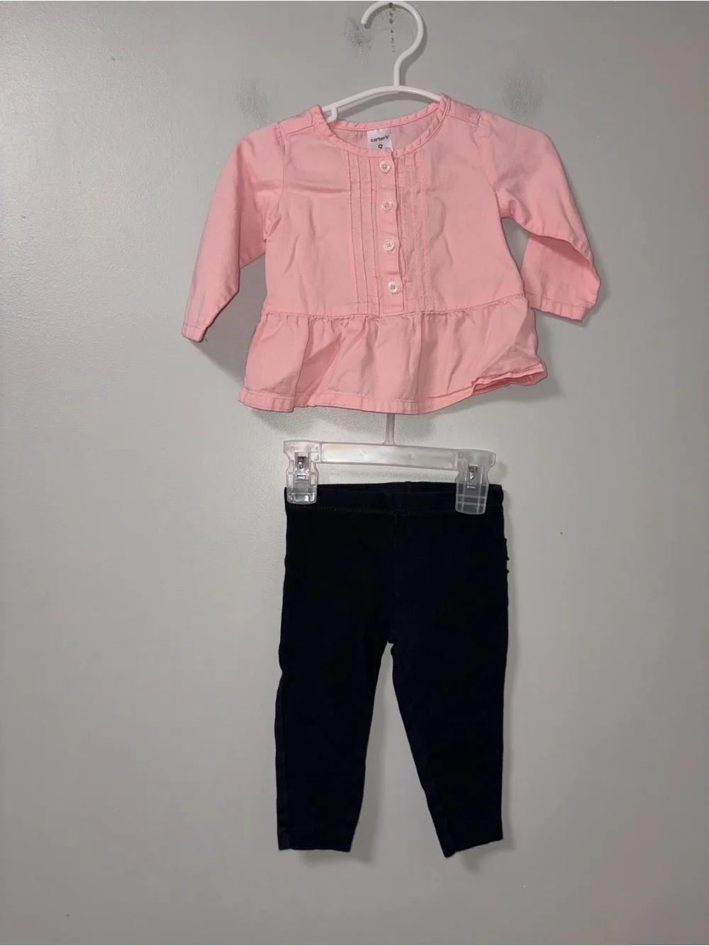 Carters Pink Button Front Long Sleeve Top Black Ruffle Pants 9M